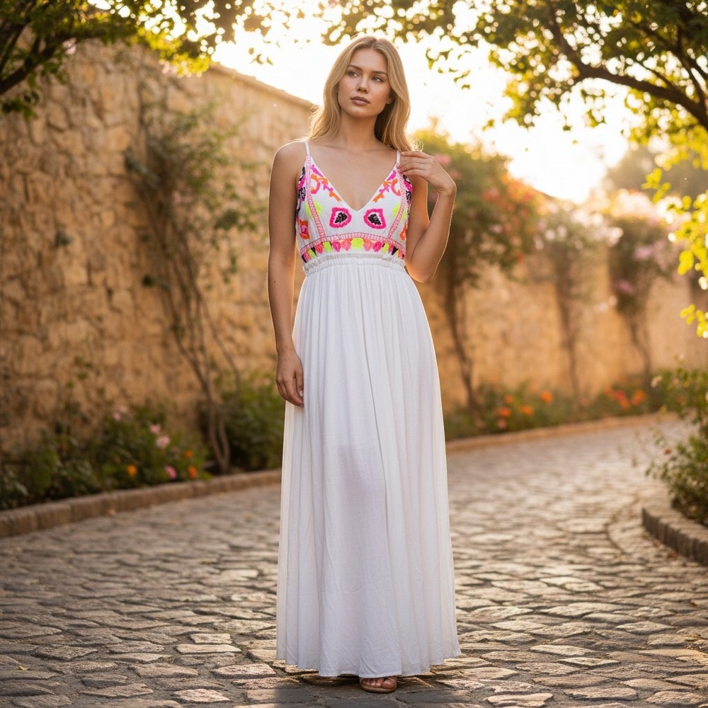 RAGA SZ Medium NWOT White w Pink , purple & yellow embroidered Maxi Dress